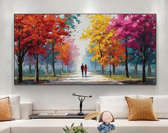 Colorful Autumn Park Oil Painting on Canvas, Couple Walking Impasto Tree Art, Living Room Decor