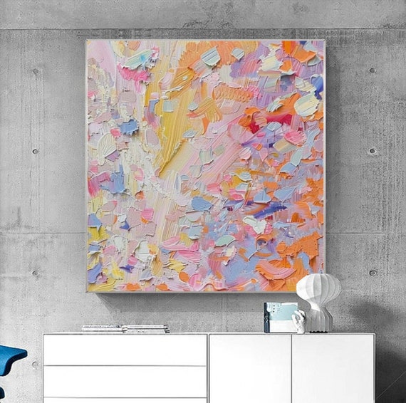 Pink Pastel Abstract Oil Painting on Canvas, Heavy Texture Palette Knife Art, Bedroom Wall Decor