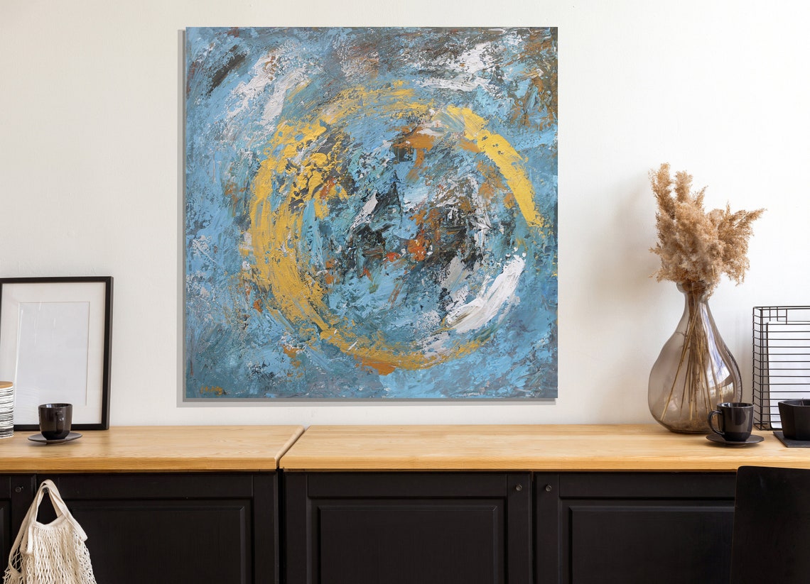 Blue Abstract Painting Gold Circle Abstract Wall Art For Etsy