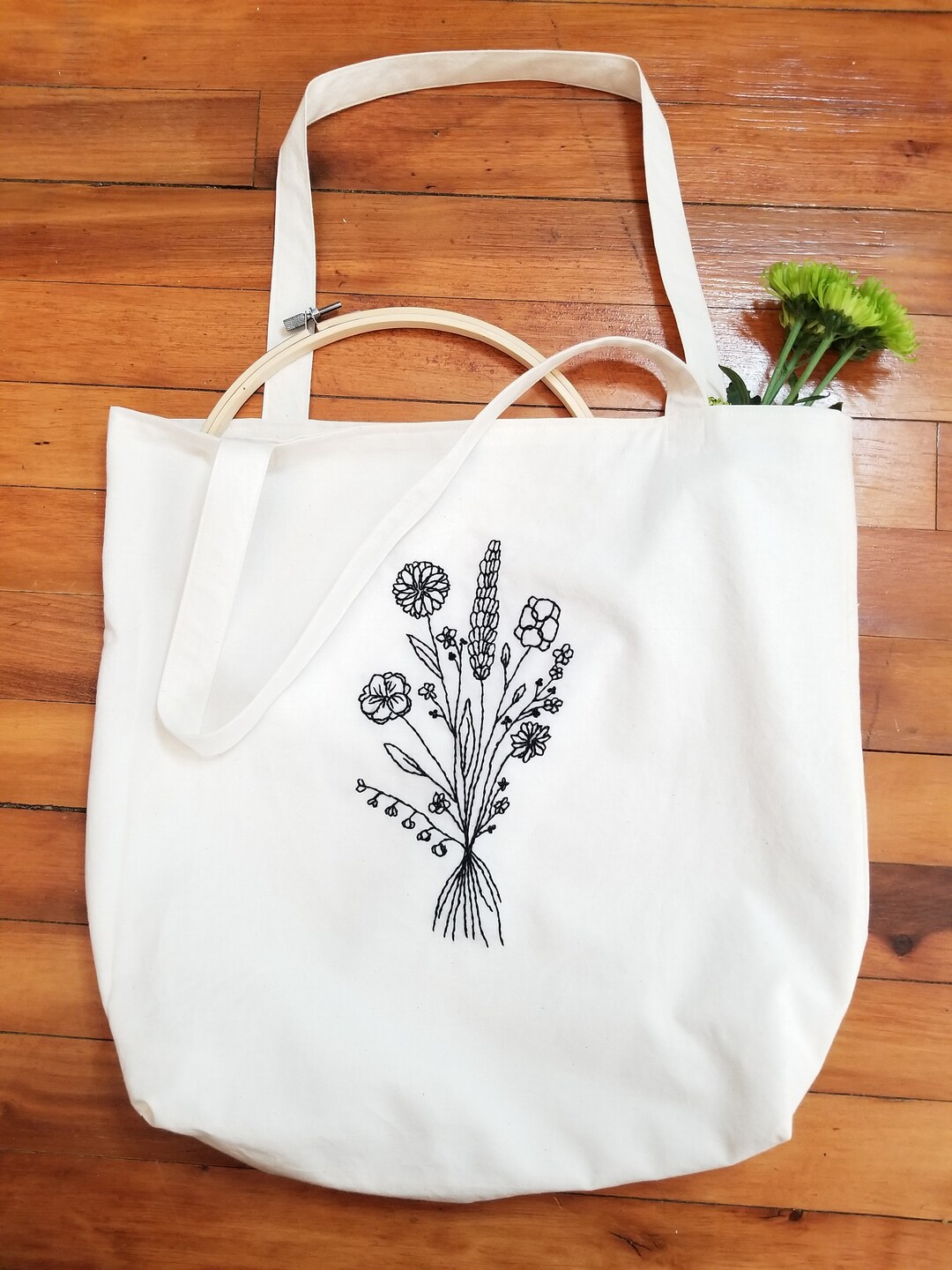 Wildflower Embroidered Tote Bag Handmade Hand Embroidered Floral Tote
