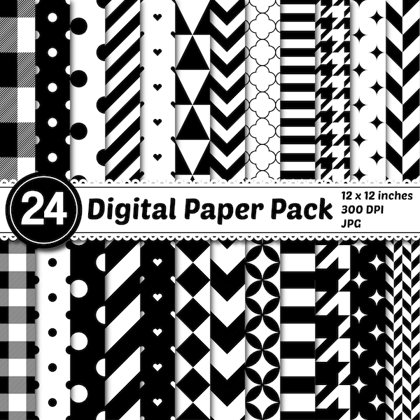 Black and White Digital Papers, Background, Digital Print, Scrapbooking, Digital Download, Digital Patterns, Printable papers