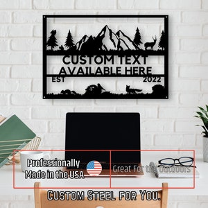 Letrero de metal personalizado, póster personalizado de ciervos, montaña y bosque, letrero de ciervo de metal, regalo para papá, monograma de nombre, regalo con nombre