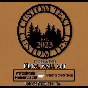 Letrero circular personalizado con diseño de bosque, letrero de metal con forma de árbol, regalo, nombre, decoración del hogar, árbol personalizado, letrero de establecimiento