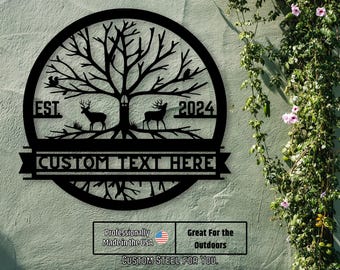 Custom Deer Tree Sign, Metal Deer, Dad Gift,  Name Monogram, Home décor, Grandpa gift, Personalized fawn deer buck