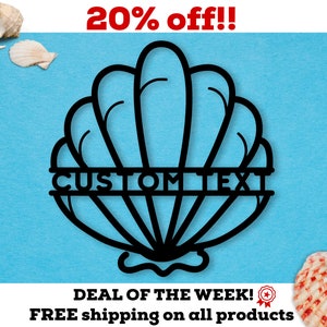 May include: Black and white silhouette of a seashell with the text "CUSTOM TEXT" across the center. The seashell is on a light blue background.