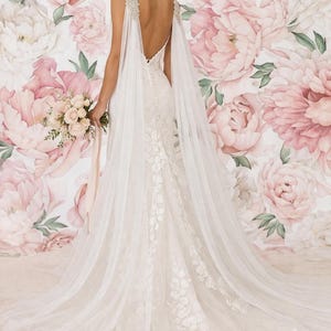 Bridal Cape Veil – Soft Tulle Cathedral Length with Crystal Shoulder Appliqués