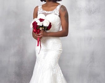 Lace Mermaid Wedding Dress with Illusion Back & Train | Romantic Fitted Bridal Gown | Sample | Treasured Brides