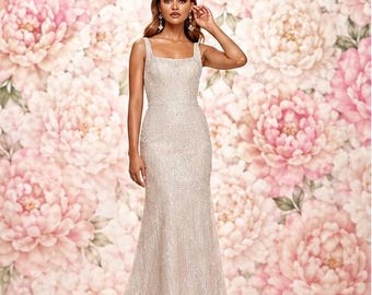 Beaded Sheath Wedding Dress with Square Neckline & Low Back | Modern Glam Bridal Gown | Sleek Sparkle Dress | Sample | Treasured Brides