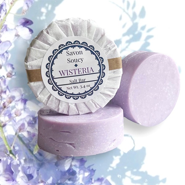 Wisteria Artisanal Scented Shower Bar with Himalayan Pink Salt, Cold Process Round Soap for Daily Bathtime Cleansing, Cute French Style