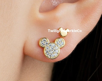 Dainty Mickey Mouse Earring, Bezel Set Stud Earrings, Round Cut Moissanite Daily Wear Earrings, Mouse Ears Fairy Tale 14k Gold Earrings