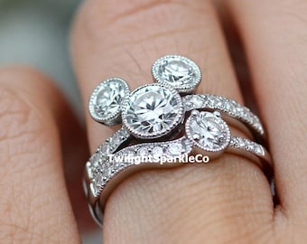 Art Deco Mickey Mouse Wedding Bridal Ring Set, Three Stone Halo Milgrain Anniversary Band, Round Cut Moissanite Engagement 925 Silver Ring