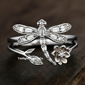 Nature Inspired Wedding Ring, Dragonfly Ring, Baguette & Round Cut Diamond Party Wear Ring, Insect Inspired Ring, 925 Sterling Silver Ring