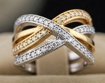 Zwei Ton Moissanite Criss Kreuz Hälfte Ewigkeit Twisted Overlap Wrap 925 Sterling Silber Hochzeit Diamant Ring-Geschenk für Sie