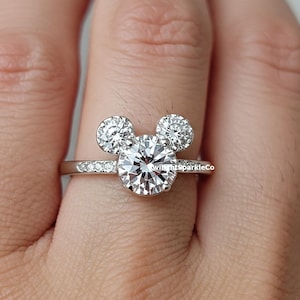 Three Stone Mickey Mouse Wedding Bridal Ring, Minimalist Mouse Ring, Round Cut Moissanite Engagement Ring, Kids Jewelry, 925 Silver Ring