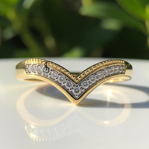 Two Tone Ring, V Shape Band, Curved Band Wedding Ring, Round Cut Moistness Engagement Ring, Unique Ring, Stackable Ring, 925 Silver Ring