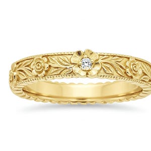 Vintage Art Deco Milgrain Ring, Filigree Wedding Ring, Flower Nature Inspired Ring,Round Cut Moissanite Engagement Ring, 14k Solid Gold Ring