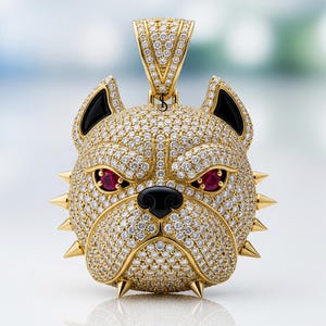 May include: A gold-colored pendant in the shape of a bulldog's head, encrusted with numerous small, clear gemstones. The dog's eyes are red, the nose is black, and the ears are black-lined. Gold spikes adorn the dog's face.