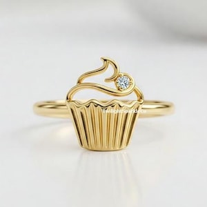 Dainty Cupcake Ring, 925 Silver Cupcake Birthday Gift For Daughter, Round Cut Moissanite Cupcake Ring, Baker Jewelry, 10k/14k/18k Gold Ring