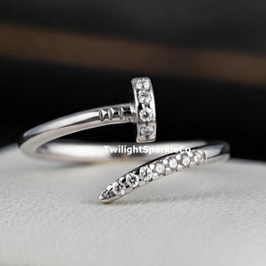 Bypass Nail Designer Band Statement Ring, Round Cut Moissanite Engagement Ring, Open Cuff Wedding Ring, 10k Solid Gold jewelry For Women