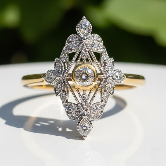 1890's Art Deco Two Tone Ring, Round Cut Moissanite Wedding Ring, Bezel Set Leaf Inspired Ring For Her, Milgrain 925 Sterling Silver Ring