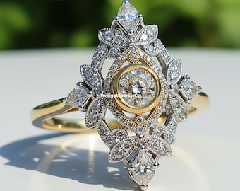 1890's Art Deco Two Tone Ring, Round Cut Moissanite Wedding Ring, Bezel Set Leaf Inspired Ring For Her, Milgrain 925 Sterling Silver Ring