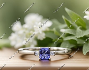Blue Sapphire Princess Cut Engagement Diamond Ring / Three Stone Triology Stackable Engagement Ring / Estate Jewelry / 14K White Gold Ring