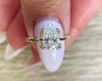 Solitaire Ring, Pear & Round Cut Moissanite Engagement Ring, Tulip Floral Diamond Wedding Ring, Four Prong Setting Ring, 14k Solid Gold Ring