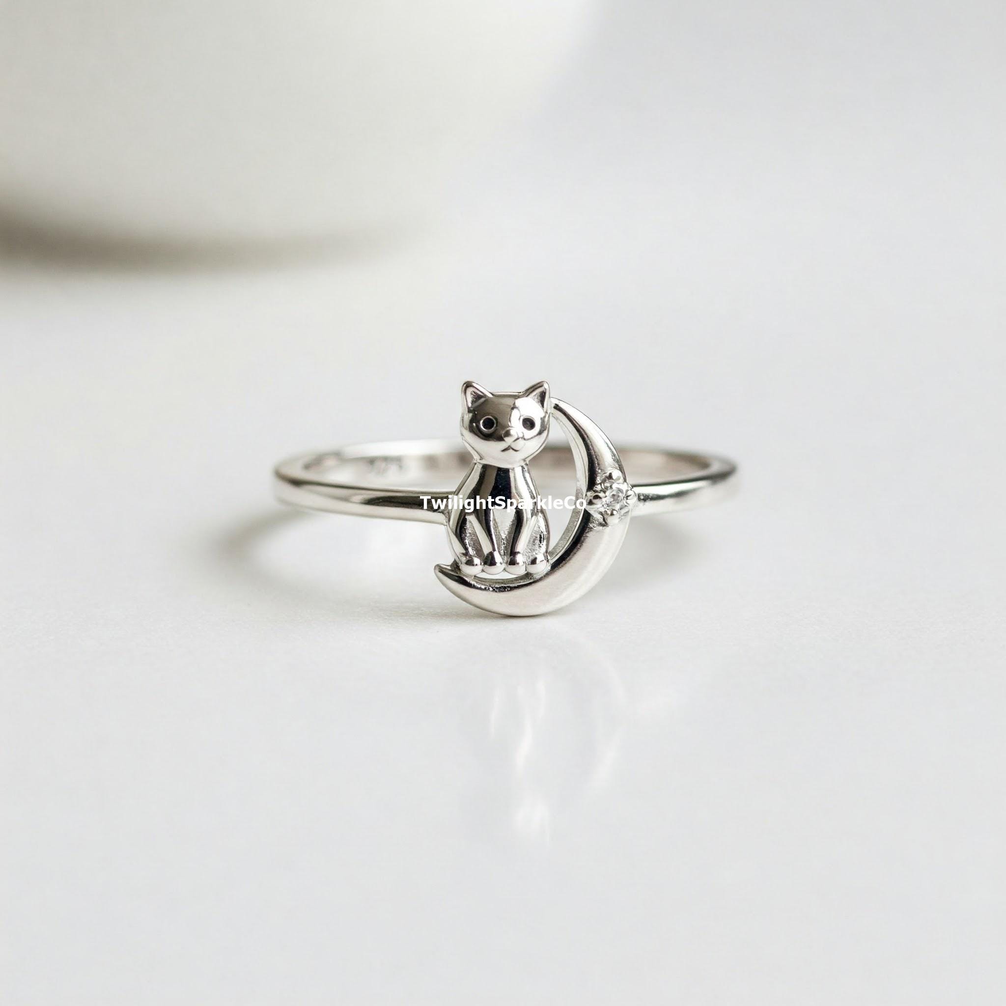 Cat on the Moon and Star Ring, Twinkle Star Crescent Moon Ring 