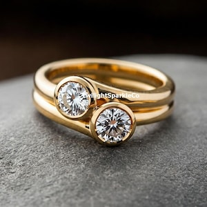 Two Way Bridal Ring Set, Solitaire Anniversary Ring, Bezel Set Wedding Band, Round Cut Moissanite Engagement Ring, 14k Solid Gold Ring