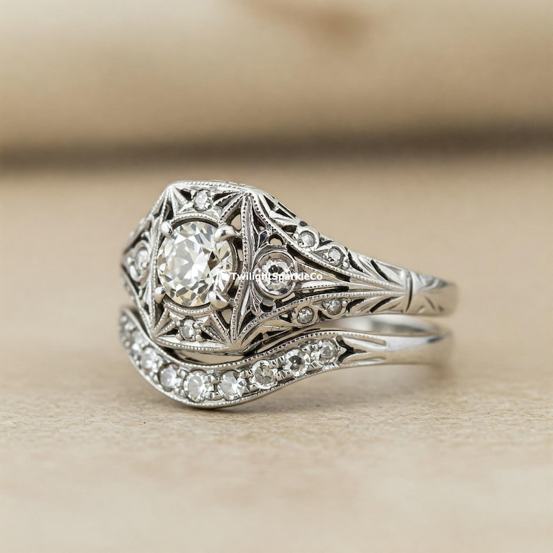 Antique 1920s Art Deco Vintage Bridal Ring Set, Milgrain Filigree Halo ...