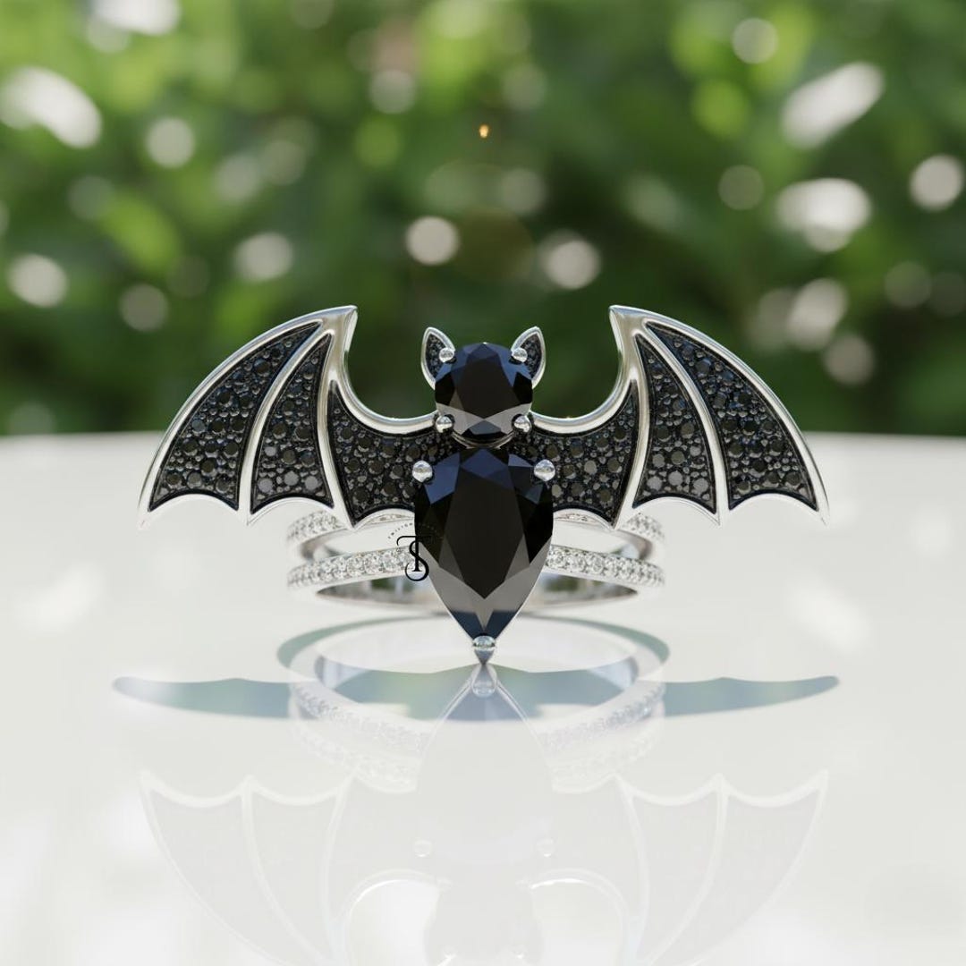 Halloween Bat Ring, Black Onyx Round Cut Moissanite Double Band Ring ...
