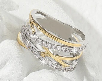 Two Tone Moissanite Criss Cross Half Eternity Twisted Overlap Wrap 925 Sterling Silver Wedding Diamond Ring-Gift For  Her