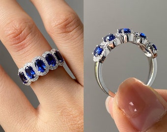 Oval Cut Blue Sapphire Five Stone Halo  Stackable Women's Engagement Matching  Band -Gift For Her By TwilightSparkleCo