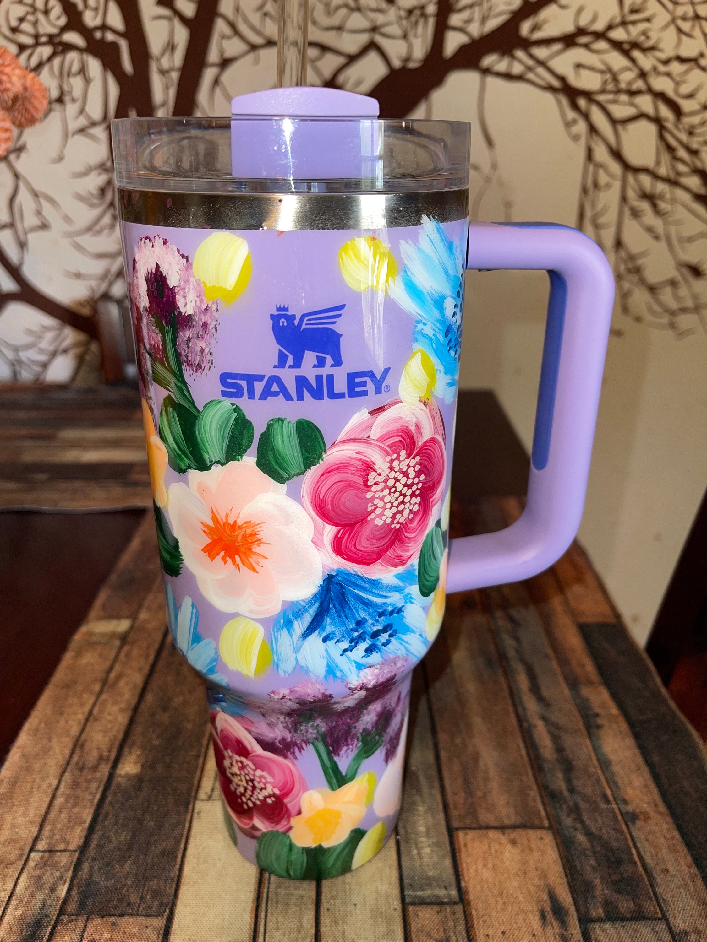 Painted Stanley 40oz Rose Quartz Tumbler Floral Design 
