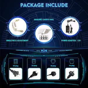 May include: A package includes a brightness adjustment knob, a hanging chain and nail, a power adapter, and a choice of US, EU, UK, or AU plug.