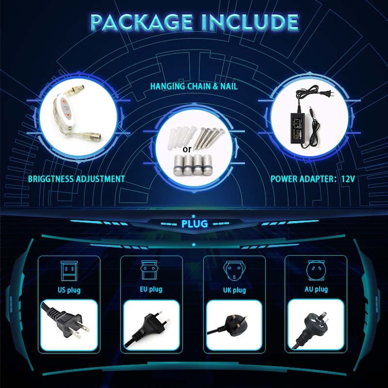 May include: A package includes a brightness adjustment knob, a hanging chain and nail, a power adapter, and a choice of US, EU, UK, or AU plug.