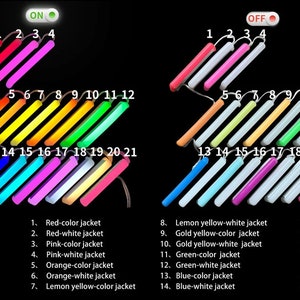 May include: Diagram showing 21 neon light tubes with different color combinations. The tubes are numbered 1 through 21. The diagram shows the color of the tubes when the lights are on and off.  The text describes the color combinations as "white jacket" and "color jacket".
