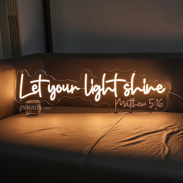 Insegna al neon "Lascia che la tua luce brilli", insegna al neon per la sala di preghiera, decorazione per la stanza religiosa cristiana, insegna al neon con versetto della Bibbia, insegna con le Scritture, Pasqua e Natale