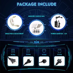 May include: A package includes a brightness adjustment knob, a hanging chain and nail, a power adapter, and a choice of US, EU, UK, or AU plug.