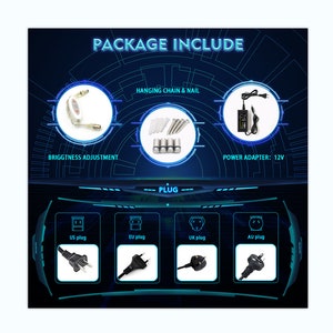 May include: A diagram showing the contents of a package, including a brightness adjustment knob, hanging chain and nails, a 12V power adapter, and a selection of plugs: US, EU, UK, and AU.