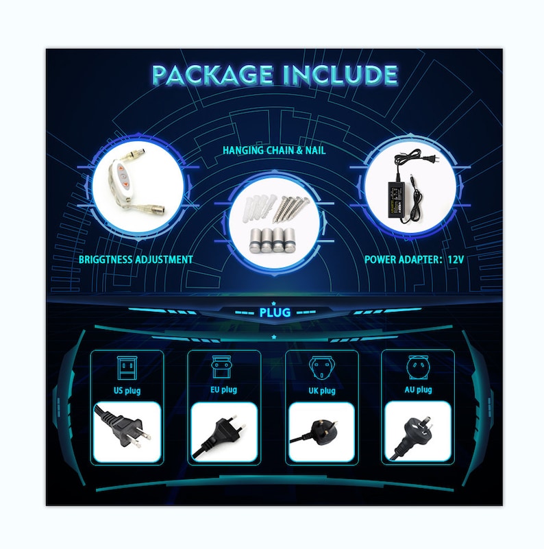 May include: A diagram showing the contents of a package, including a brightness adjustment knob, hanging chain and nails, a 12V power adapter, and a selection of plugs: US, EU, UK, and AU.