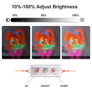 May include: A neon sign depicting a cartoon character with a pink bow, green collar, and orange hair. The sign is illuminated with multi-colored neon lights. The sign has a control panel with buttons for up, on/off, and down. The control panel allows you to adjust the brightness of the sign from 10% to 100%.