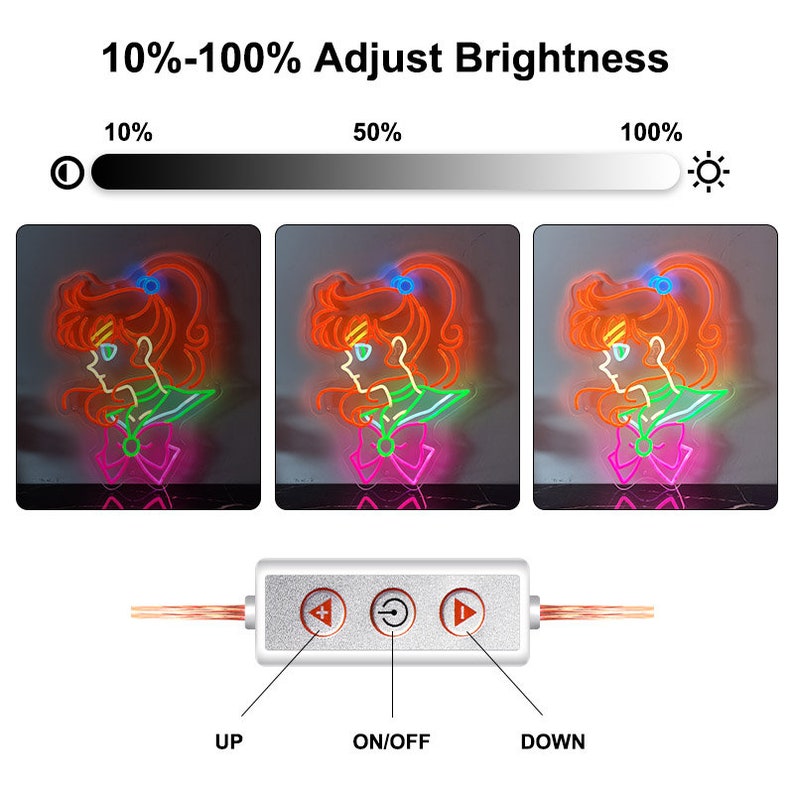 May include: A neon sign depicting a cartoon character with a pink bow, green collar, and orange hair. The sign is illuminated with multi-colored neon lights. The sign has a control panel with buttons for up, on/off, and down. The control panel allows you to adjust the brightness of the sign from 10% to 100%.
