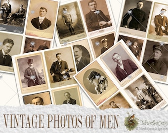 Vintage photos of men in frames. 20 Printable Antique Portraits. Digital images for scrapbooks, junk journals, decorations, cards, DIY.