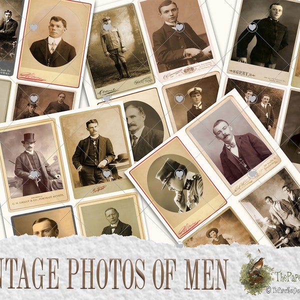 Vintage photos of men in frames. 20 Printable Antique Portraits. Digital images for scrapbooks, junk journals, decorations, cards, DIY.