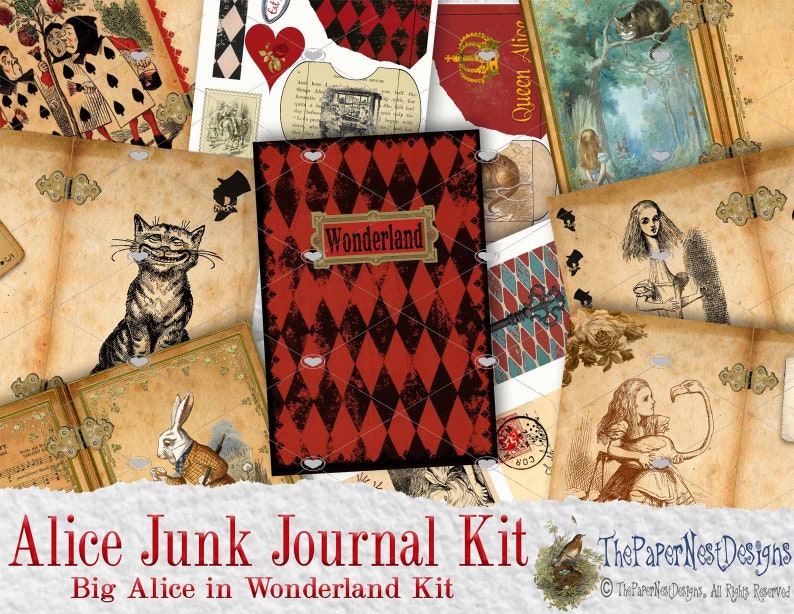 Alice in Wonderland Digital download Junk journal kit DIY, Alice scrapbook kit Wonderland printable paper Alice vintage papers