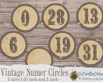 72 Vintage Number Circles, Label circles, Sticker circles, In two sizes 1.35 and 2 inch, Digital download, You print !