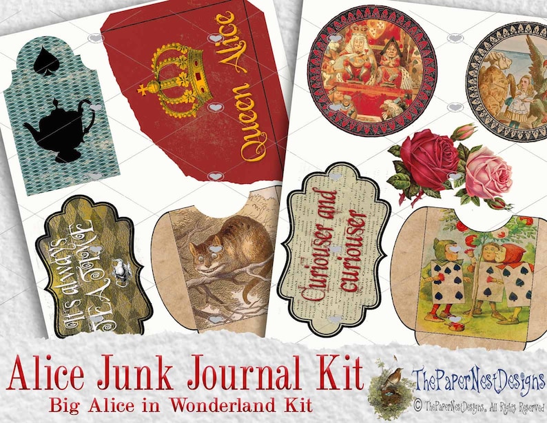 Alice in Wonderland Digital download Junk journal kit DIY, Alice scrapbook kit Wonderland printable paper Alice vintage papers