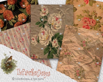 Grunge Rose Papers, 20 Vintage inspired flower papers, 8,5 x 11 Inch, Instant Digital Download, You Print !