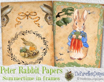 Peter Rabbit "Summertime in frames" papers, 8 Papers inspired by the illustrations of Beatrix Potter, 8,5 x 11 Inch, Instant Download,